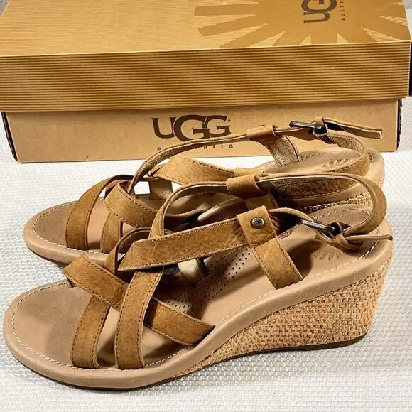 NIB Ugg Wedge High Heel Strappy Sandals Size 9 Brown Leather‎ - Picture 10 of 16